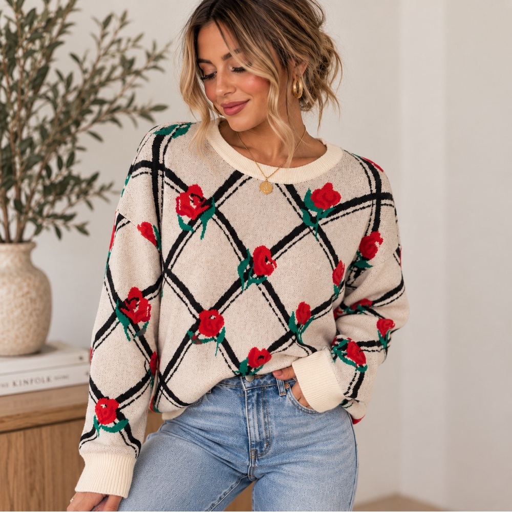Anthropologie Maeve Knitted Floral Diamond Pattern Crewneck Sweater